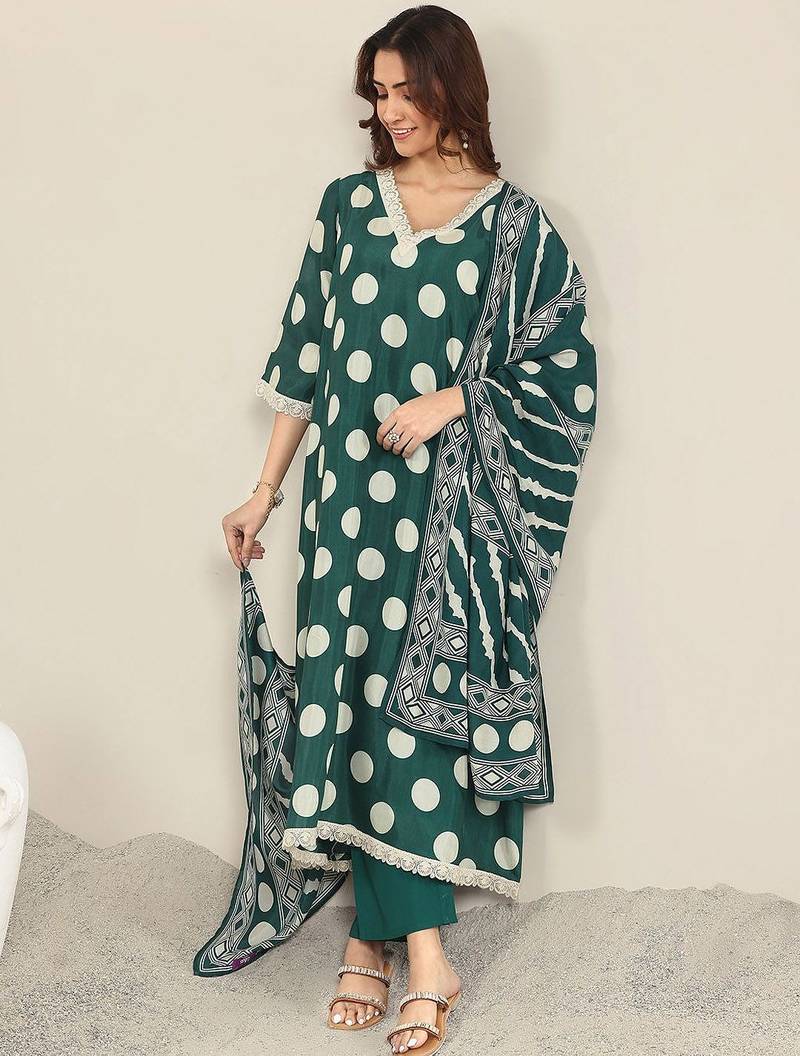 polka dot printed v neck a-line kurta with trousers & dupatta