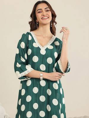 polka dot printed v neck a-line kurta with trousers & dupatta 2