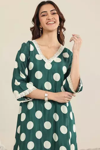 polka dot printed v neck a-line kurta with trousers & dupatta