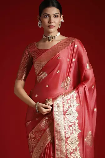 Peach ethnic motifs woven design satin banarasi saree