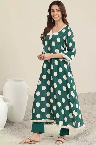 polka dot printed v neck a-line kurta with trousers & dupatta