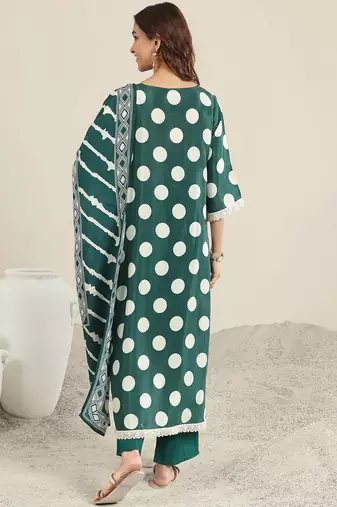 polka dot printed v neck a-line kurta with trousers & dupatta