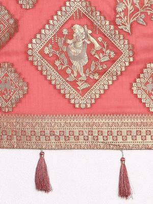 Peach ethnic motifs woven design satin banarasi saree 5