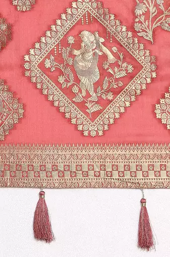 Peach ethnic motifs woven design satin banarasi saree