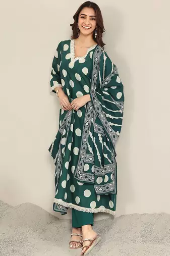 polka dot printed v neck a-line kurta with trousers & dupatta
