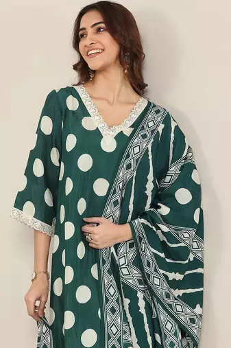 polka dot printed v neck a-line kurta with trousers & dupatta