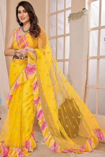 Yellow embellished ruffles border saree