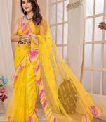 Yellow embellished ruffles border saree