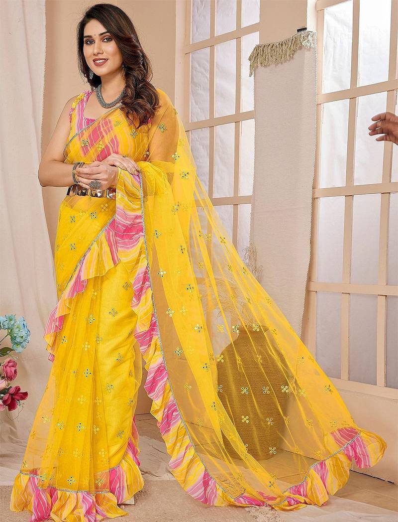 Yellow embellished ruffles border saree