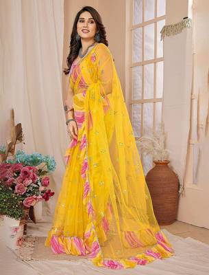 Yellow embellished ruffles border saree 2
