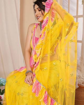 Yellow embellished ruffles border saree 4