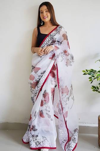 White floral embroidered organza saree