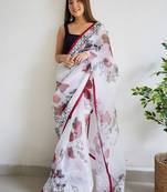 White floral embroidered organza saree