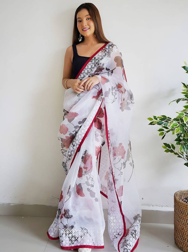 White floral embroidered organza saree