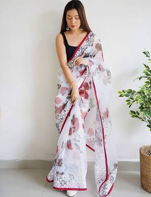 White floral embroidered organza saree 2