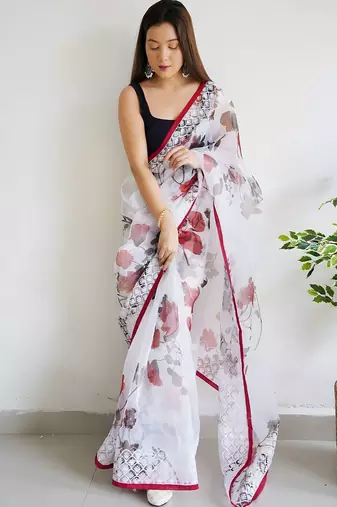 White floral embroidered organza saree