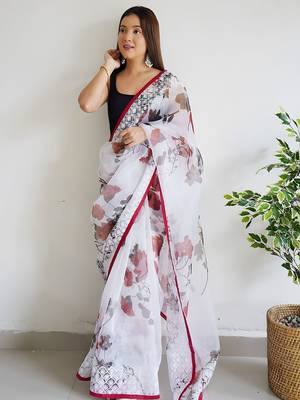 White floral embroidered organza saree 3