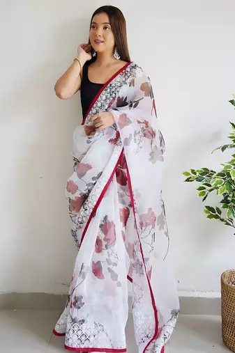 White floral embroidered organza saree