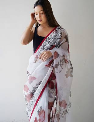 White floral embroidered organza saree 4