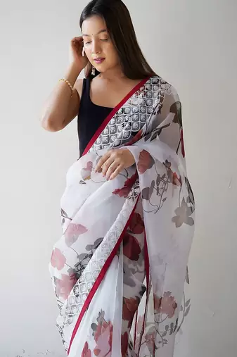White floral embroidered organza saree