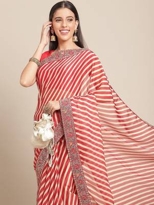 Red red & white leheriya print saree 1