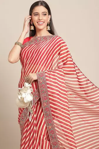 Red red & white leheriya print saree