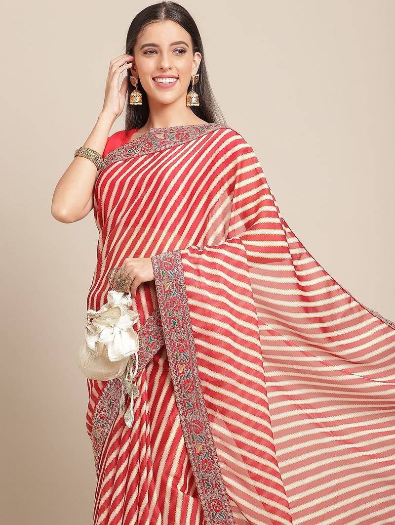 Red red & white leheriya print saree