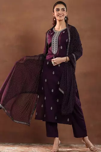 floral embroidered sequnnied straight kurta with trousers & dupatta