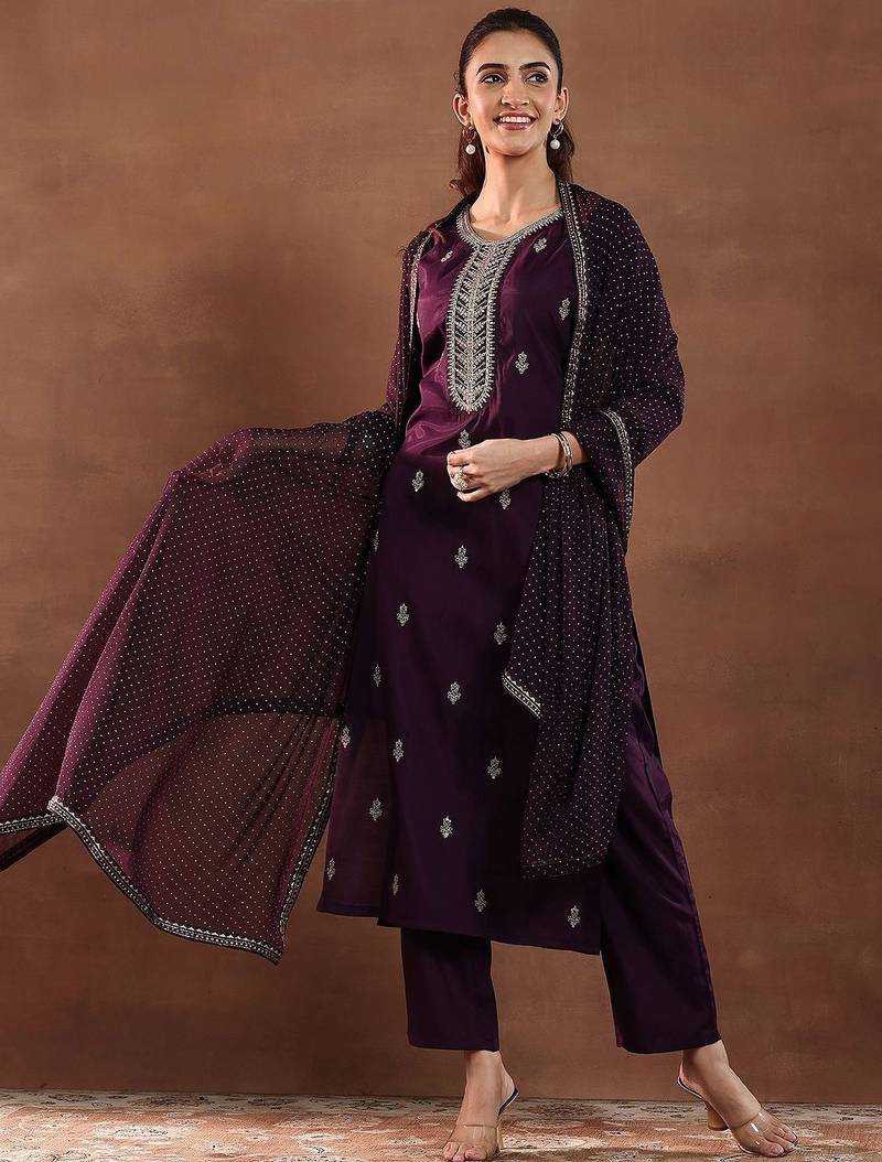 floral embroidered sequnnied straight kurta with trousers & dupatta