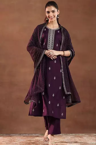 floral embroidered sequnnied straight kurta with trousers & dupatta