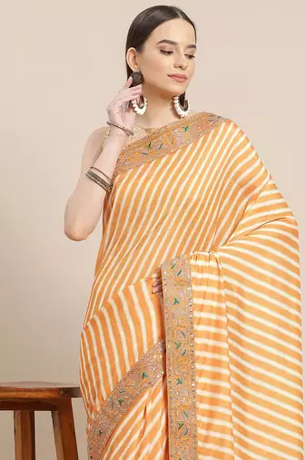 Mustard mustard yellow & cream-coloured leheriya saree