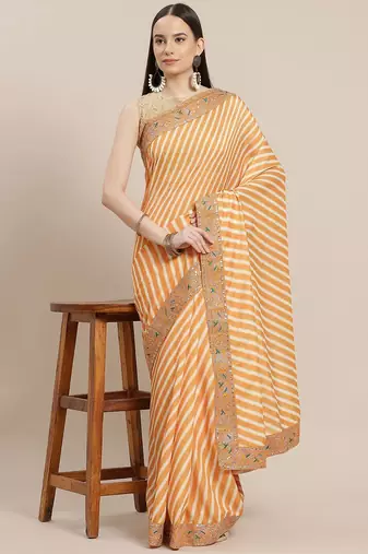 Mustard mustard yellow & cream-coloured leheriya saree
