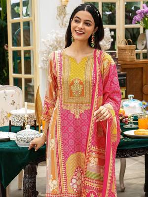 ethnic motifs printed notch neck straight kurta with trousers & dupatta 2