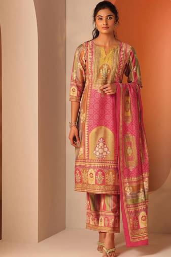 ethnic motifs printed notch neck straight kurta with trousers & dupatta