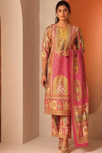 ethnic motifs printed notch neck straight kurta with trousers & dupatta