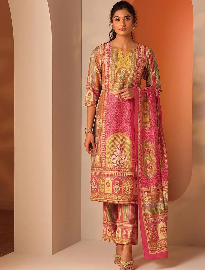 ethnic motifs printed notch neck straight kurta with trousers & dupatta