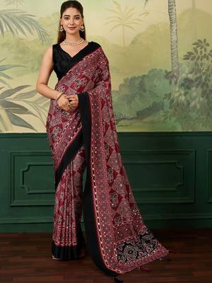 Maroon bandhani mirror work silk blend designer saree 1