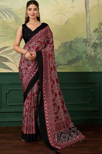 Maroon bandhani mirror work silk blend designer saree