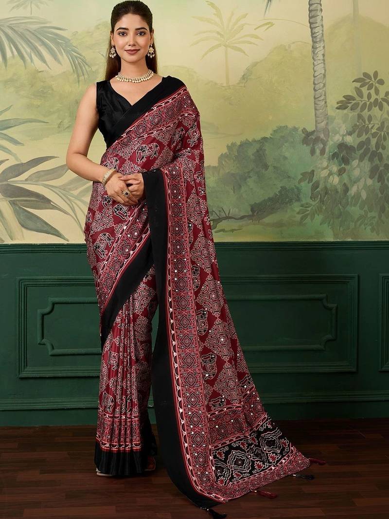 Maroon bandhani mirror work silk blend designer saree