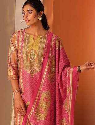 ethnic motifs printed notch neck straight kurta with trousers & dupatta 3