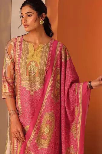 ethnic motifs printed notch neck straight kurta with trousers & dupatta