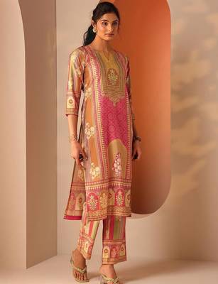 ethnic motifs printed notch neck straight kurta with trousers & dupatta 4