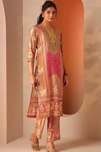 ethnic motifs printed notch neck straight kurta with trousers & dupatta