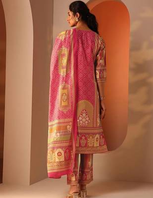 ethnic motifs printed notch neck straight kurta with trousers & dupatta 5