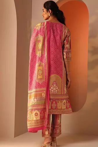ethnic motifs printed notch neck straight kurta with trousers & dupatta