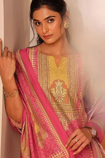 ethnic motifs printed notch neck straight kurta with trousers & dupatta