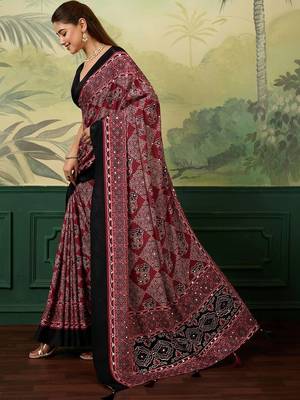 Maroon bandhani mirror work silk blend designer saree 2