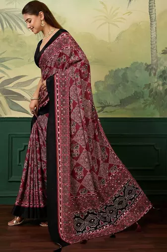 Maroon bandhani mirror work silk blend designer saree