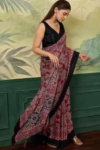 Maroon bandhani mirror work silk blend designer saree