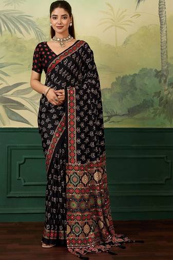Black kalamkari mirror work silk blend designer saree